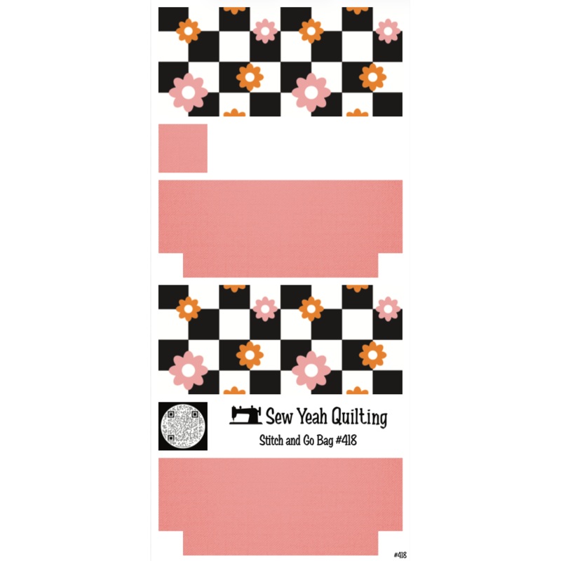 Stitch & Go Bag #418 - Checkered Black Daisy Pink & Orange on Pink
