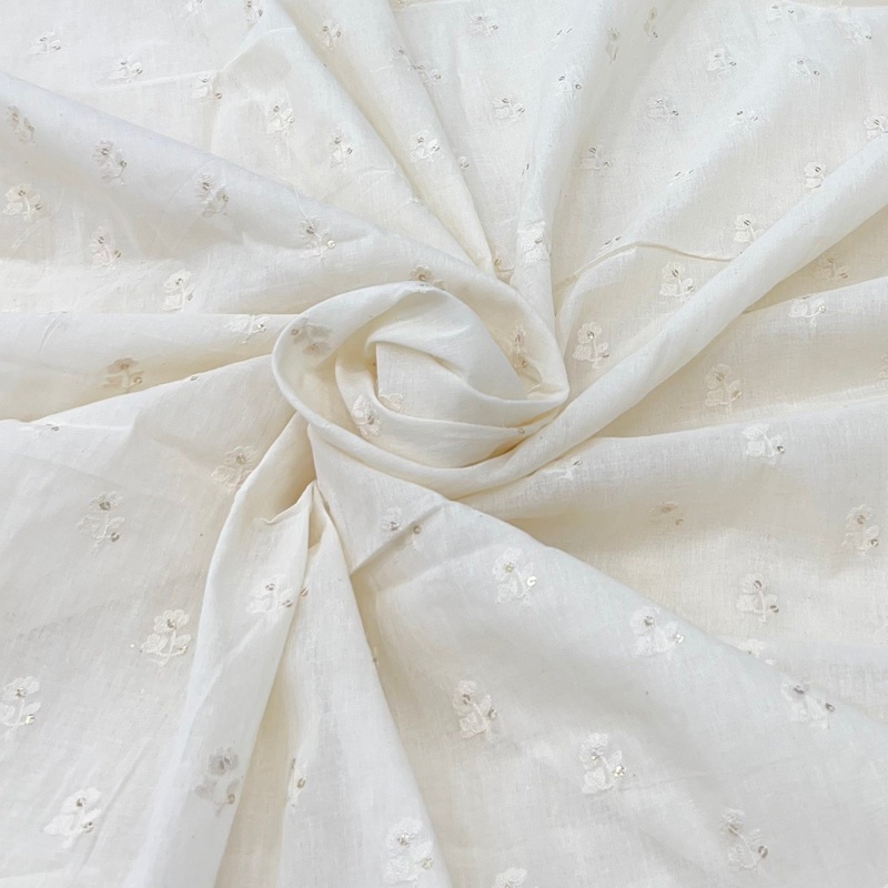 White Cotton Floral Butti Sequins Thread Embroidery