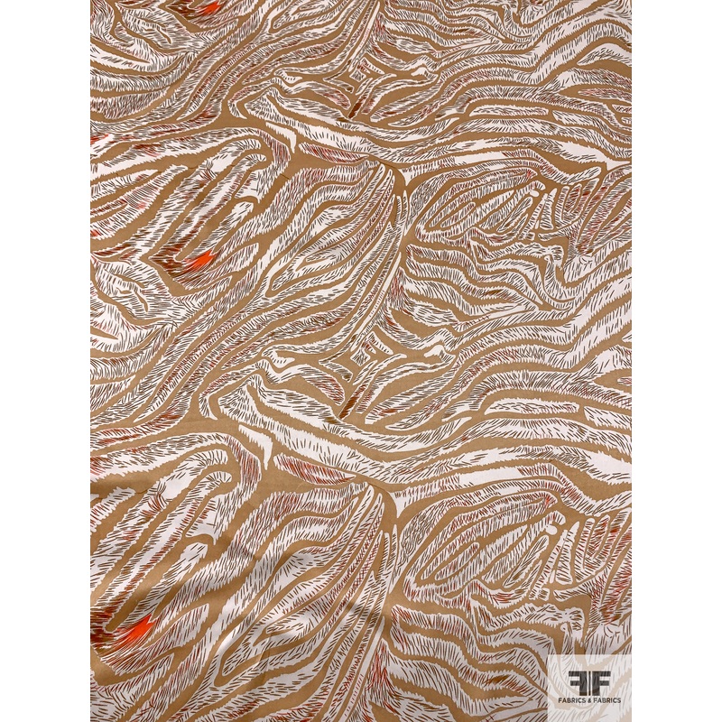 Wispy Trails Printed Silk Charmeuse - Golden Brown / Hot Orange / Off-White