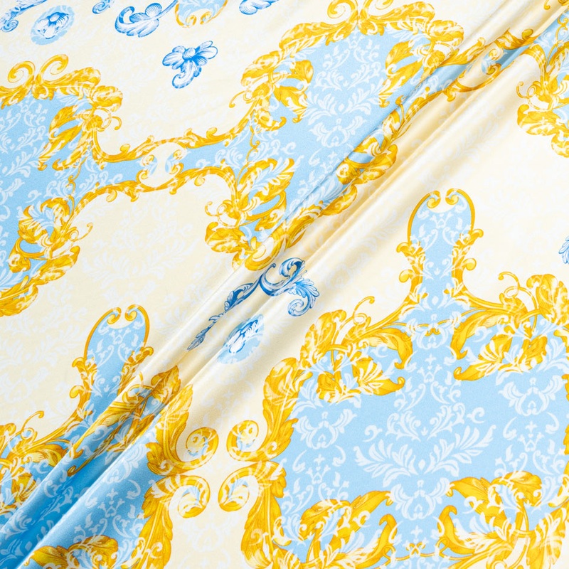 Yellow, Blue & Cream Printed Silk Satin (A 3m Piece)