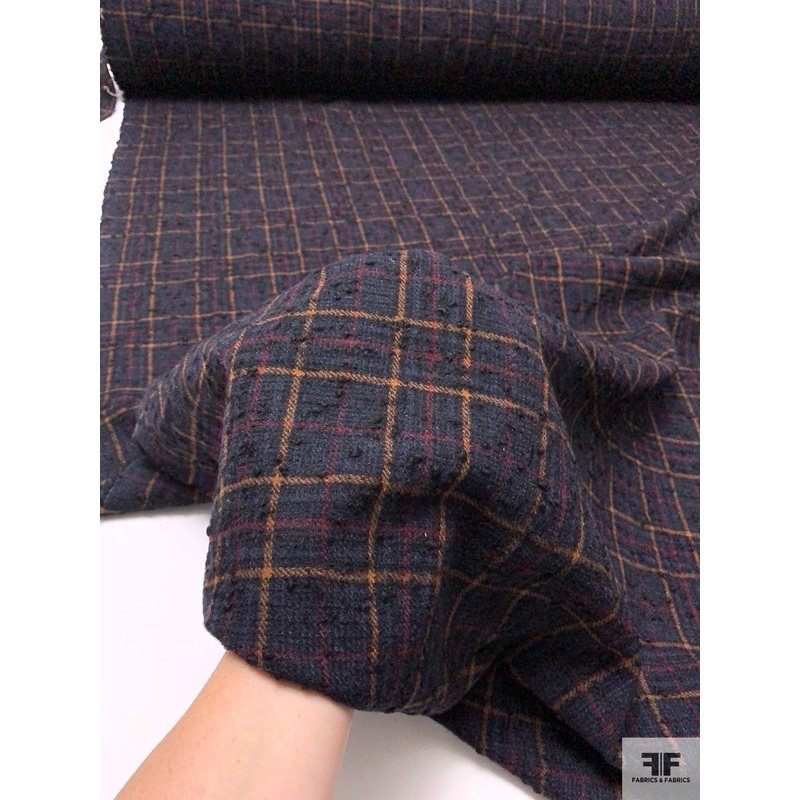 Italian Chunky Boucl Plaid Wool-Blend Jacket Weight Tweed - Navy / Windsor Tan / Wine
