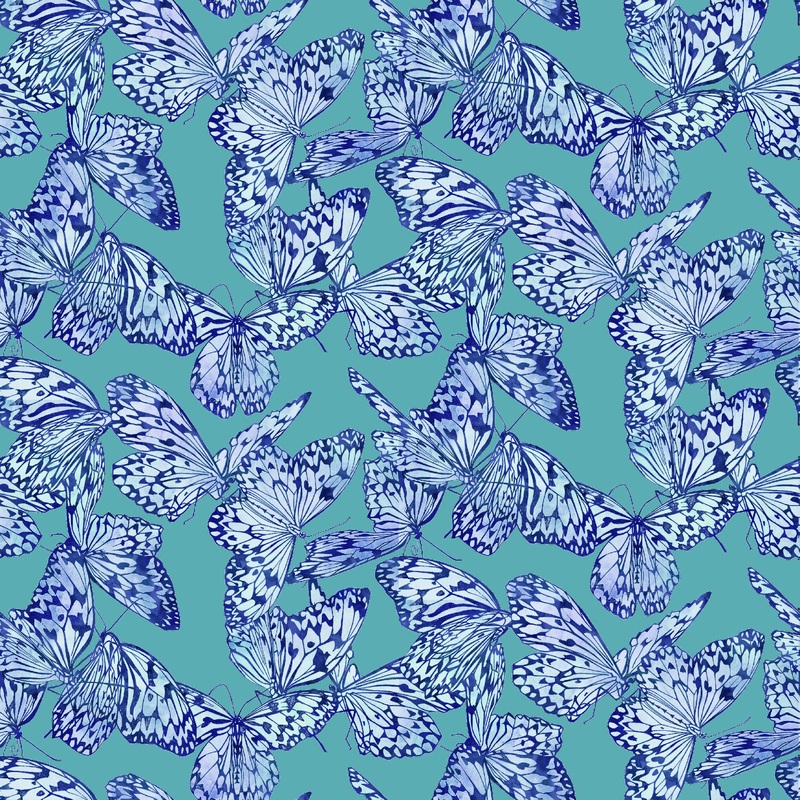 Kate Ward Thacker - Blue Butterflies on Teal Pattern Fabric