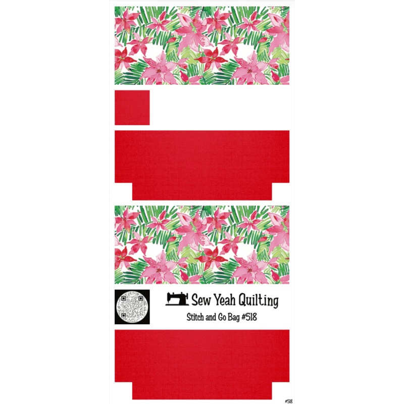 Stitch & Go Bag #518 - Christmas Pink Poinsettia & Leaves on Bright Red