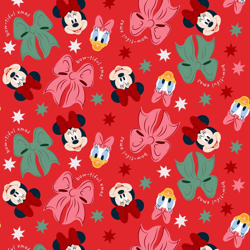 Disney Mickey & Friends Bow Holiday Pattern on Red