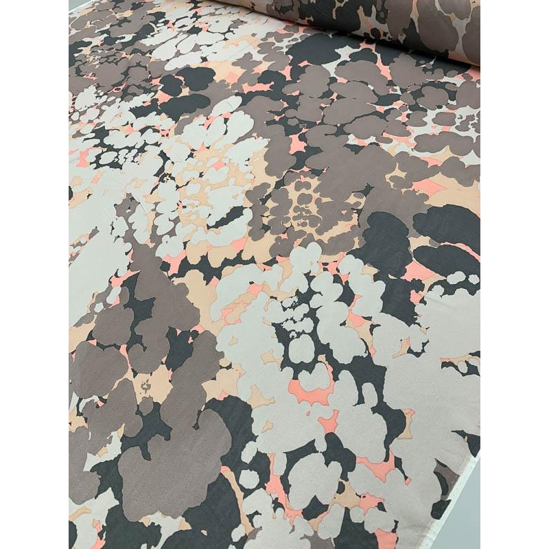 Splatter Printed with Thin Stripe Lines Heavy Silk Chiffon - Salmon / Taupe / Washed Black