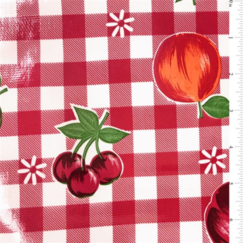 1 YD PC-Red Floral Check Oilcloth Fabric