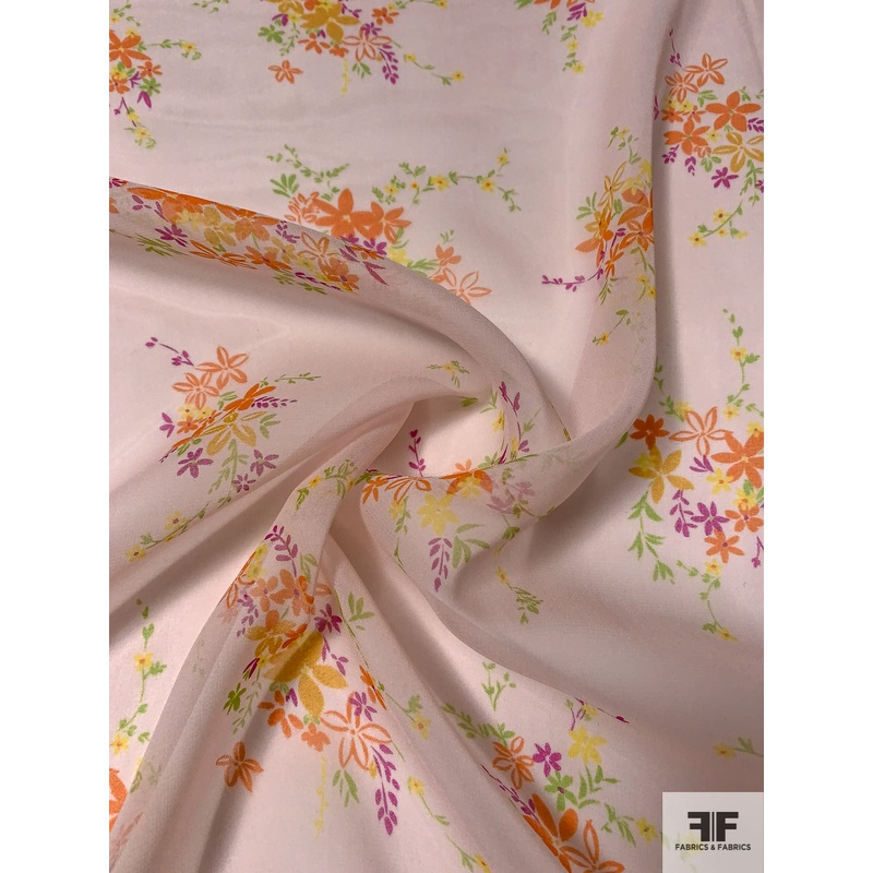 Dainty Floral Bouquets Printed Silk Chiffon - Light Pink / Orange / Lime / Orchid