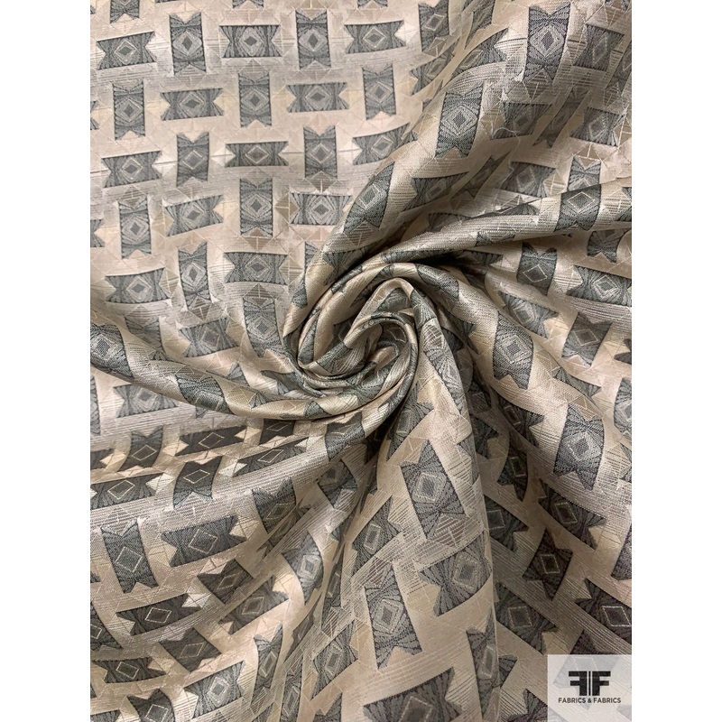 Directional Rectangles Silk Necktie Jacquard Brocade - Beige / Dark Grey