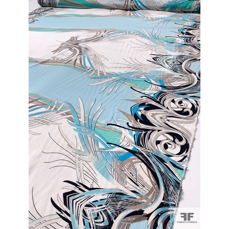 Exotic Double-Border Pattern Printed Silk Crepe de Chine - Sky Blue / Turquoise / Taupe / Off-White
