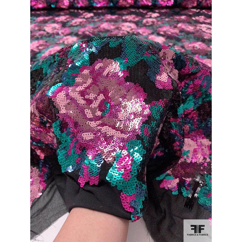 J Mendel Sequins in Floral Pattern on Chiffon - Magenta / Pink / Ocean Green / Black
