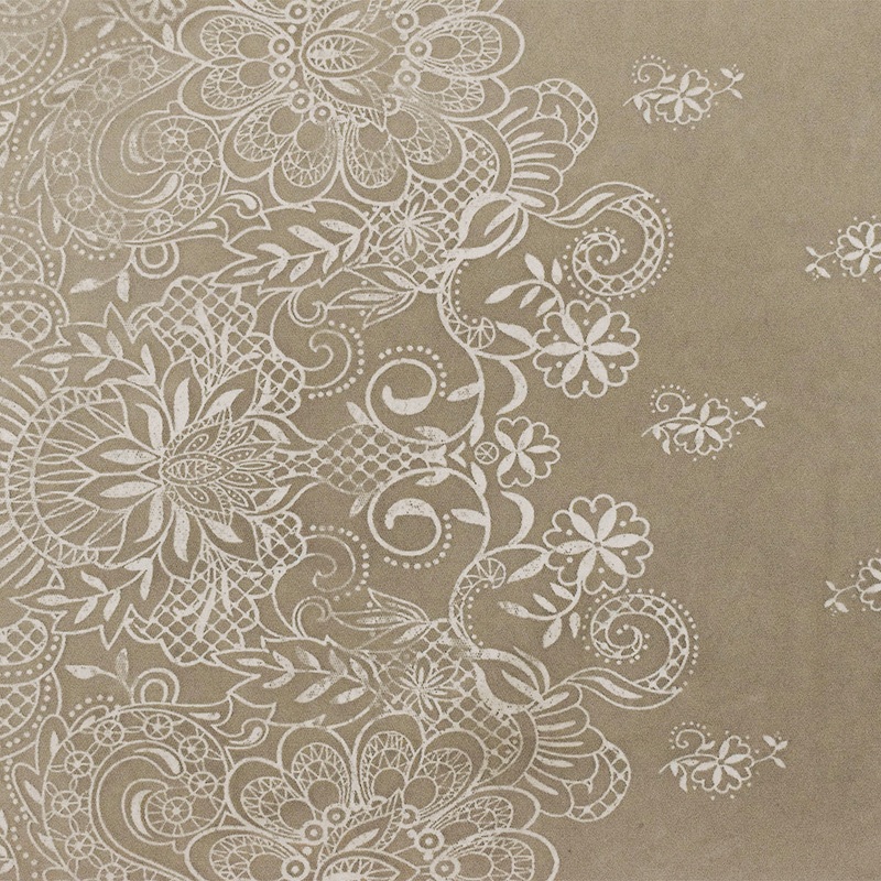 Sand Beige-White Floral Border Printed Nylon Mesh Knit Fabric