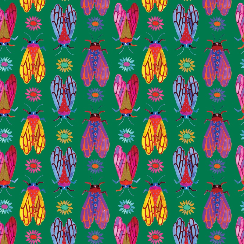 Shannon Snow Colorful Insects on Green Fabric