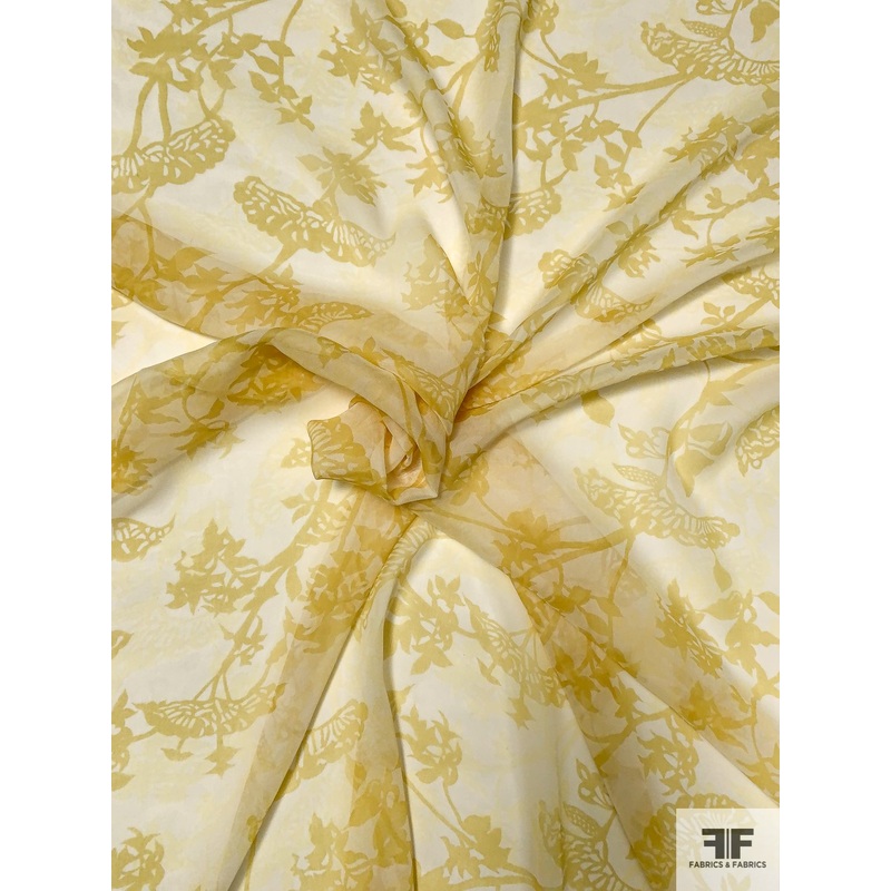 Tree Stem Silhouette Printed Silk Chiffon - Ochre Yellow / Light Yellow