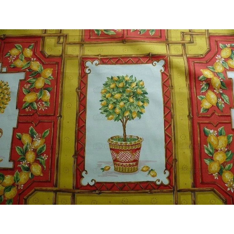 Tyler Hall "lemoncello" Lemon Tree Mandarin Bamboo Red Lattice On Cotton Satin Orangery Greenhouse by Dennis Lee