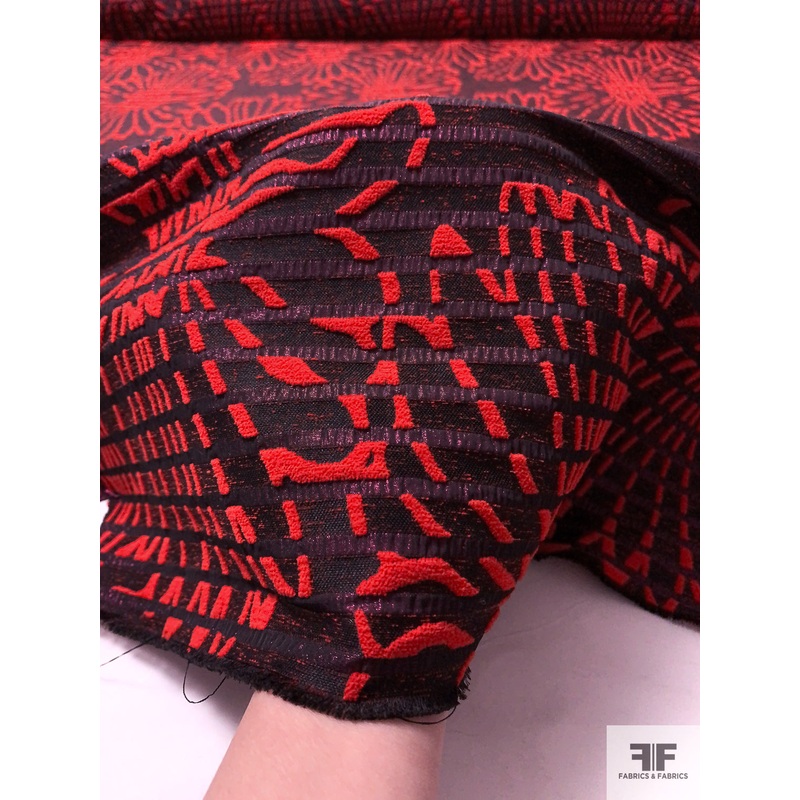 Chenille-Like Floral Pattern Novelty Textured Brocade - Red / Black / Metallic Magenta