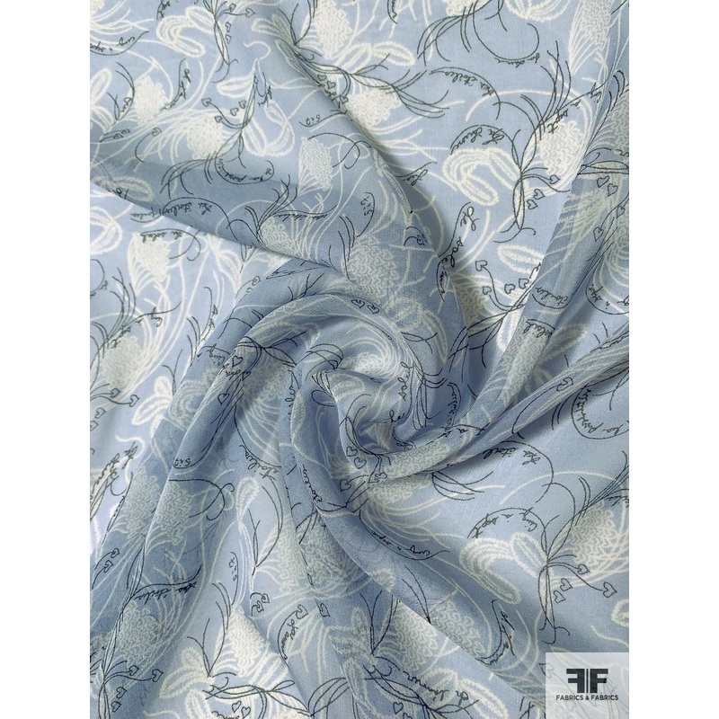 Delicate Hearts in Floral with French Script Printed Silk Chiffon - Blue-Grey / Off-White / Black