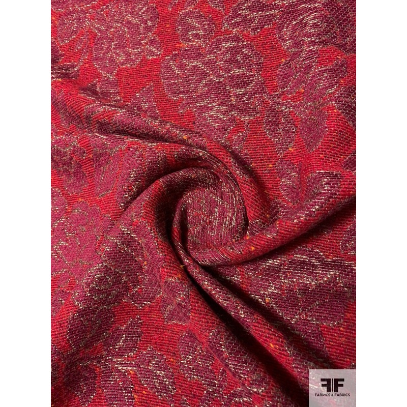Italian Floral Pattern Jacket Weight Wool Suiting - Red / Berry / Grey