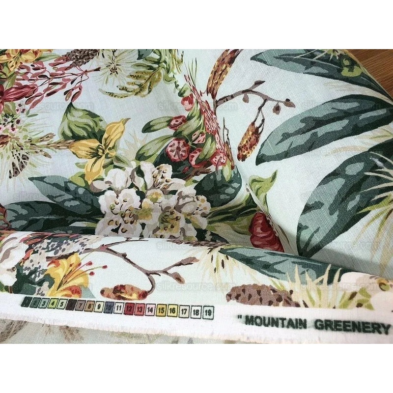 Scalamandre Mountain Greenery Linen Print Icy Green Blue Rhododendron, Lily, Pine & Wild Chrysanthemum MSRP USD 504