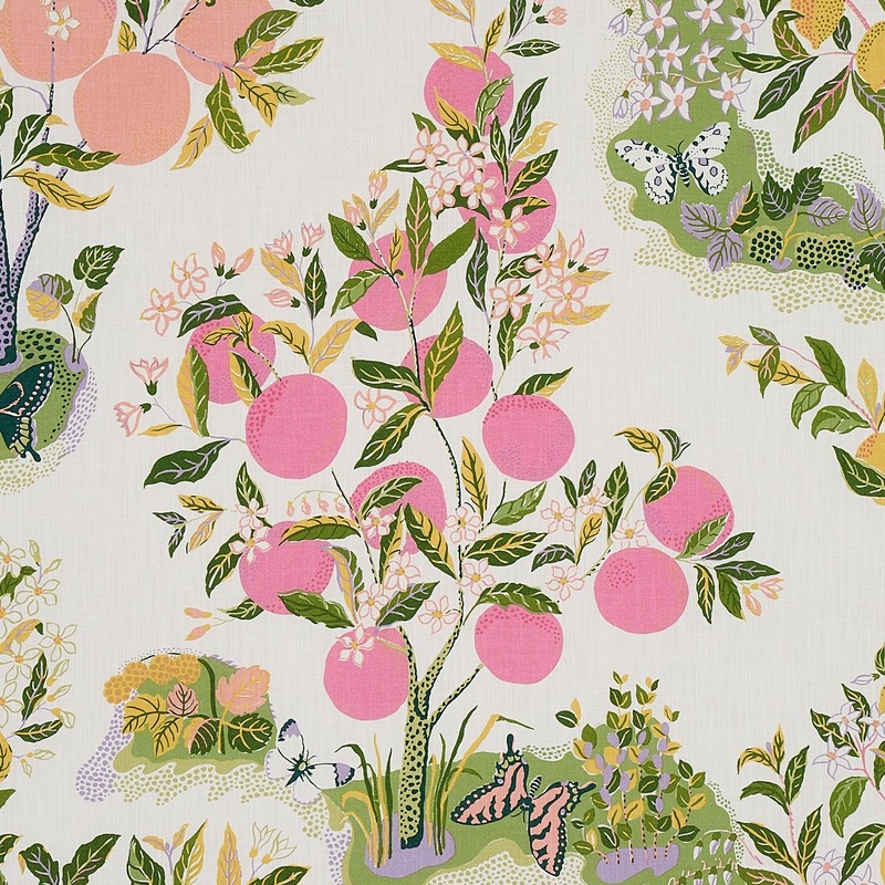 Schumacher Citrus Garden Indoor/Outdoor in Garden Pink Green Yellow Trees Toile Polyester Fabric Multi