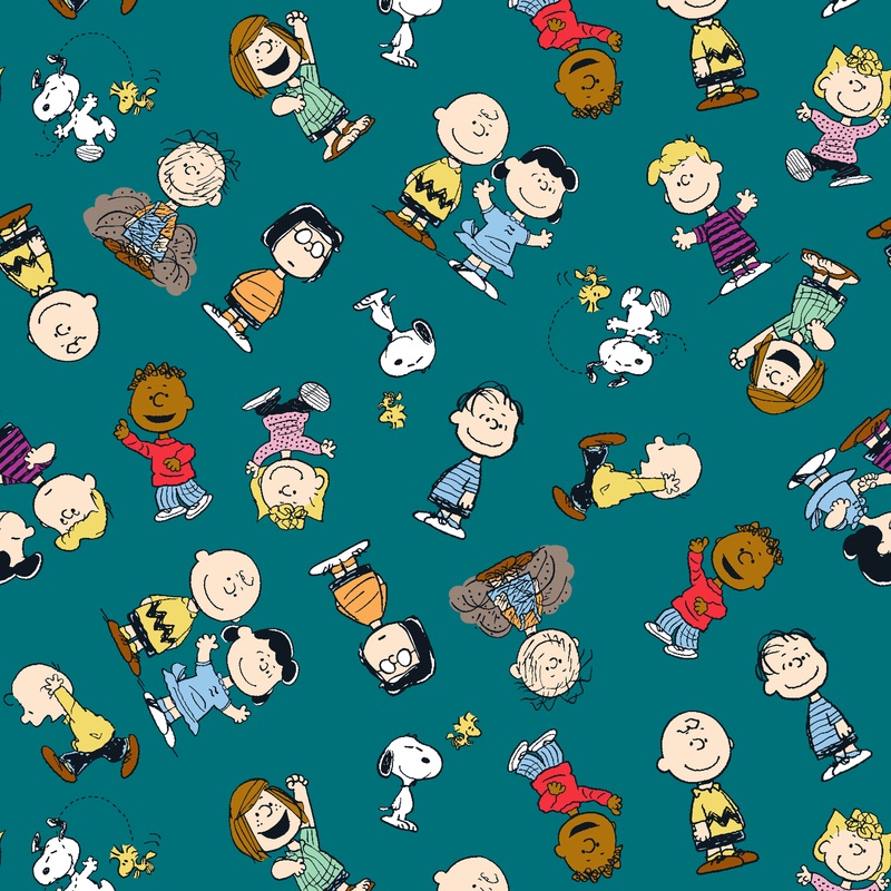 Peanuts Characters Toss on Teal Fabric