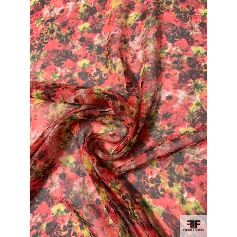 Watercolor Floral Field Printed Silk Chiffon - Coral / Lime Green / Browns