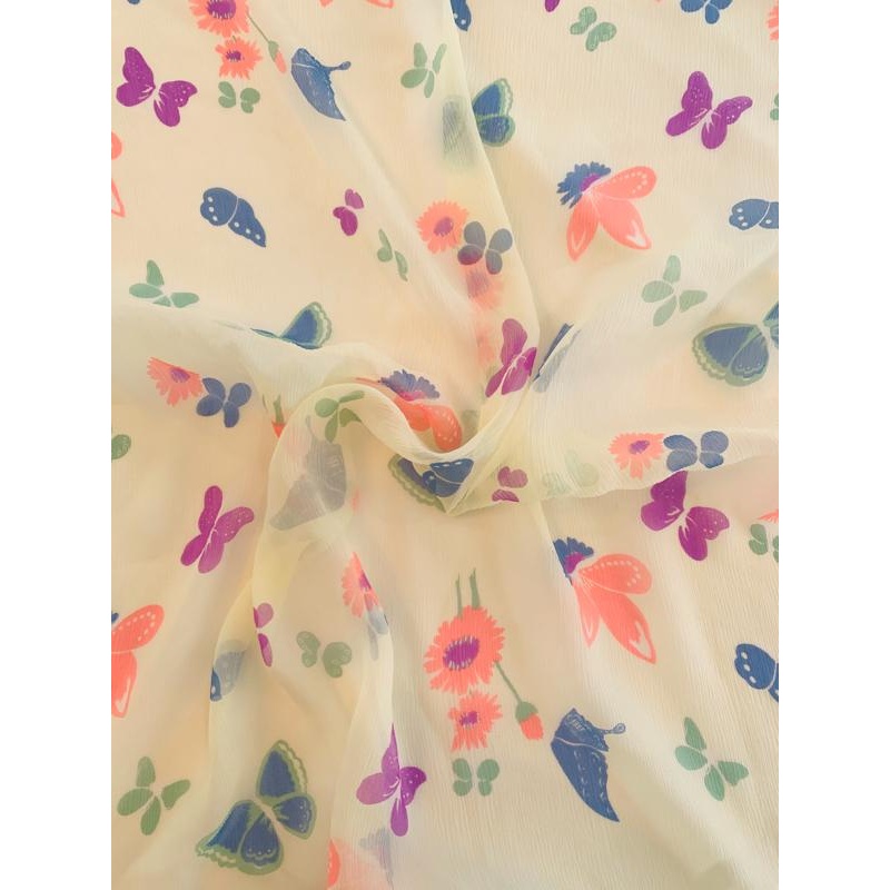 Butterfly and Floral Printed Silk Chiffon - Butter Yellow / Coral / Blue / Purple
