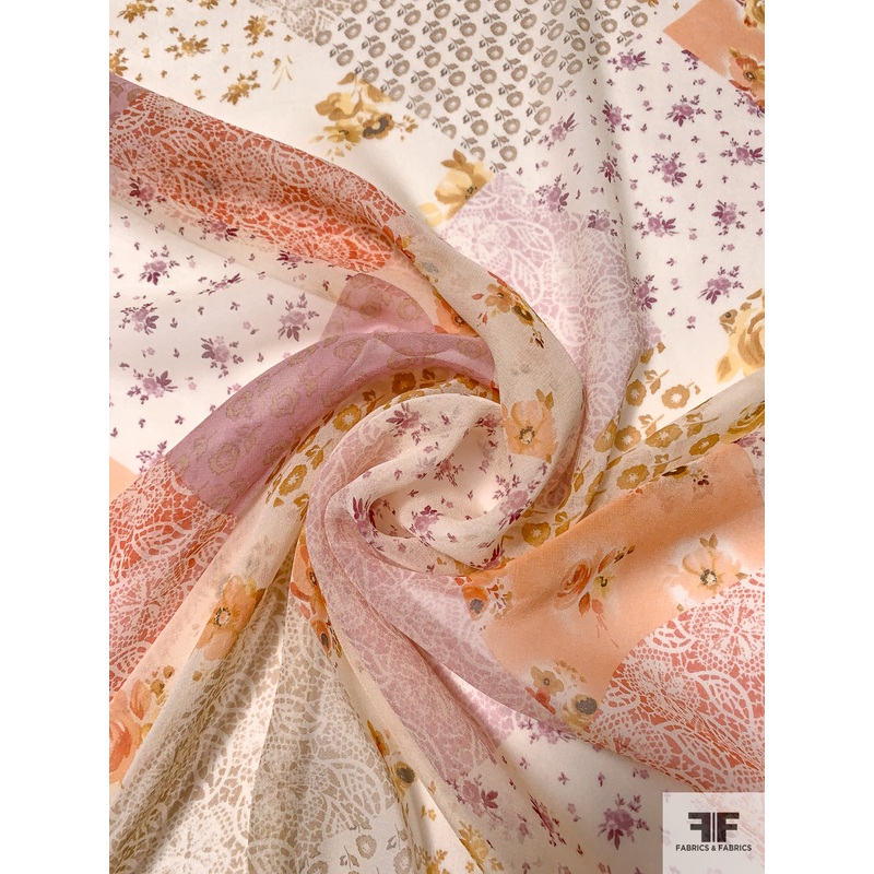 Patchwork Printed Silk Chiffon - Coral / Lavender / Ochre / Light Beige