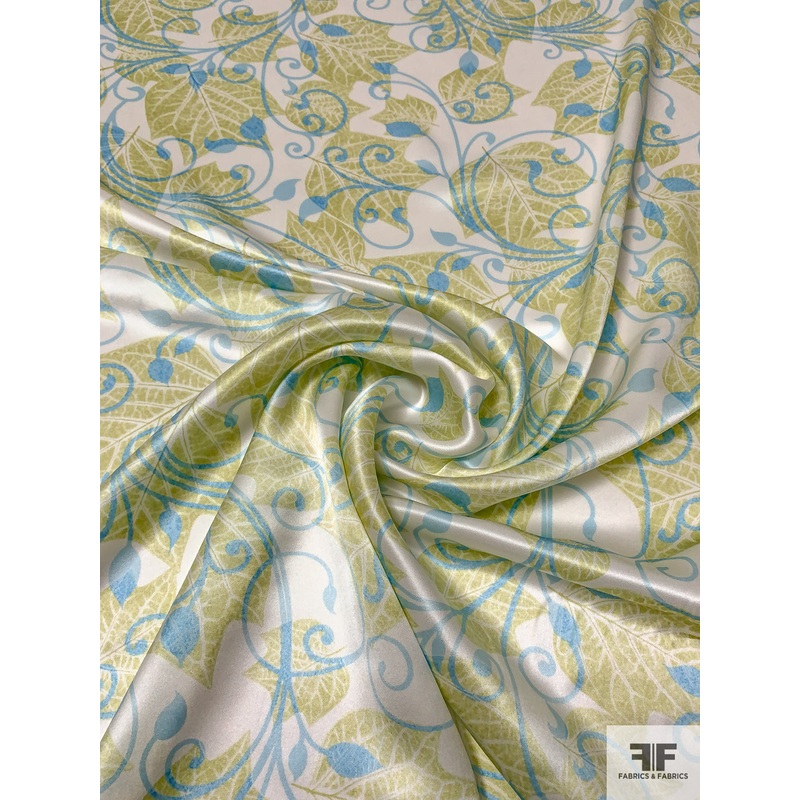 Regal Vines and Leaf Printed Silk Charmeuse - Lime Green / Sky Blue / Off-White