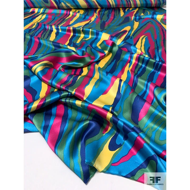 Artsy Marble Printed Silk Charmeuse - Blue / Dark Blue / Yellow / Green / Magenta