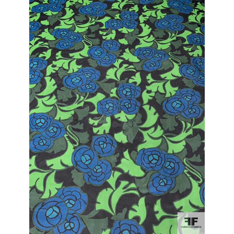 Dramatic Floral Printed Silk Chiffon - Green / Blue / Black