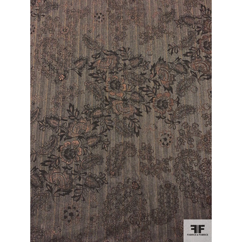 Striped Suiting with Floral Printed Design and Metallic Detailing - Brown / Beige / Metallic Brown
