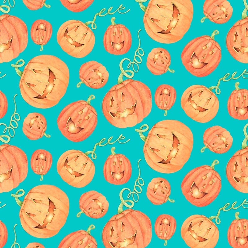 Susan Winget Halloween Ghoulish Pumpkins on Aqua Fabric