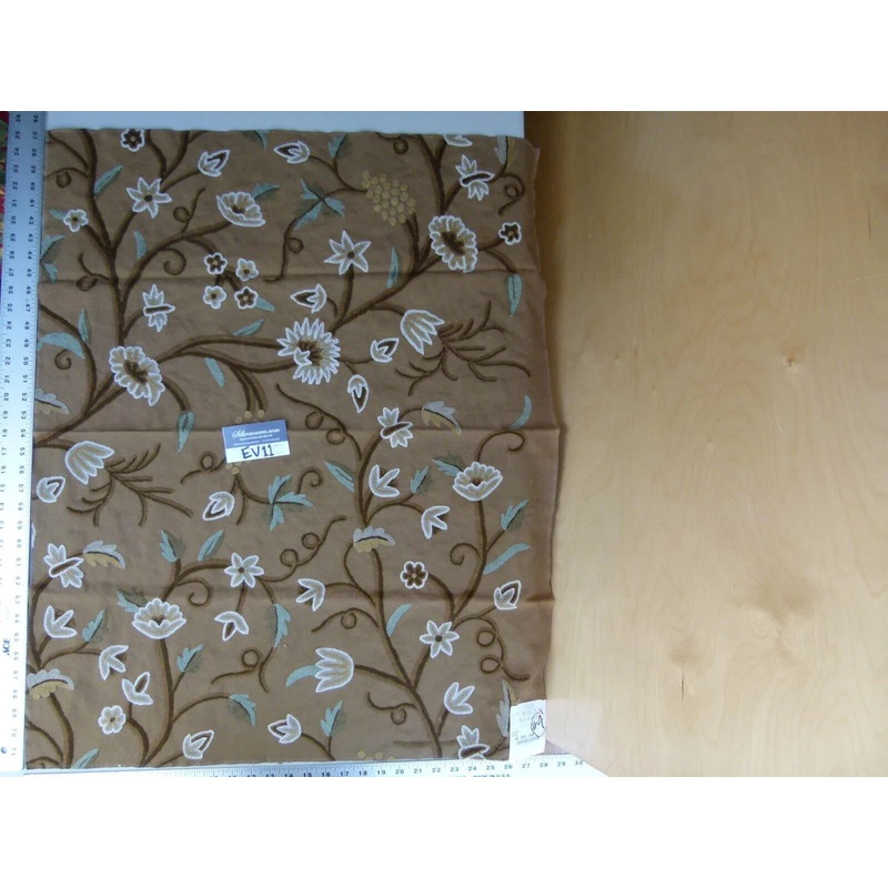 34 Ev11 Scalamandre Showroom Sample 35"x28" Jantar Cocoa Brown Green Floral Crewel Embroidery Cotton Wool #4