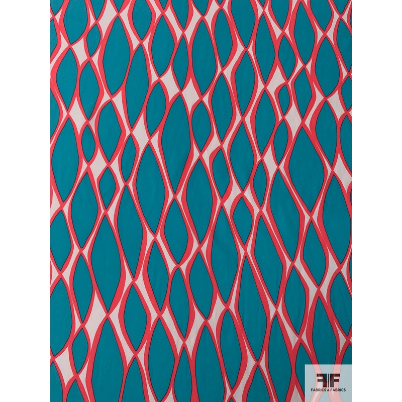Almonds Graphic Matte-Side Printed Silk Charmeuse - Turquoise / Neon Coral / Off-White