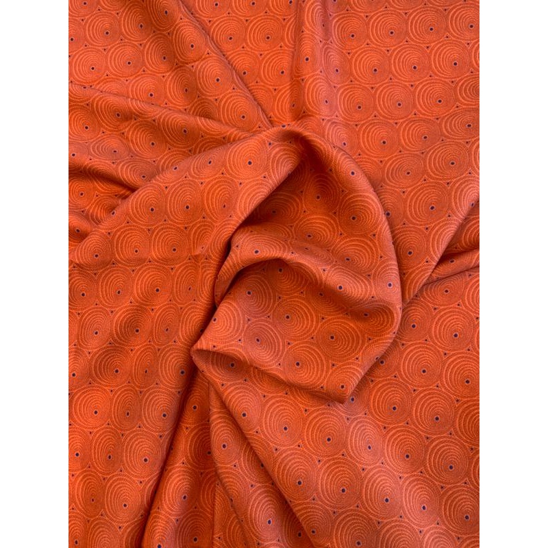 Art Deco Circles and Dots Printed Fine Silk Twill - Brick Orange / Blue