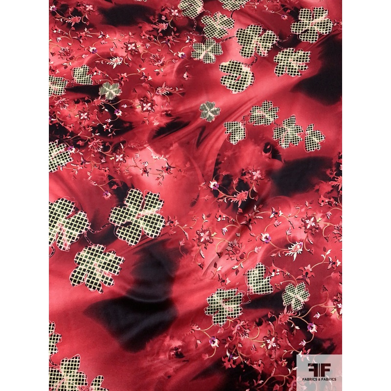 Basket and Vine Floral Printed Silk Charmeuse - Smokey Cranberry / Black / Pale Green