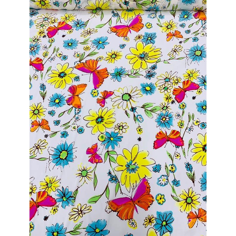 Butterfly and Floral Watercolor Printed Silk Crepe de Chine - Yellow / Blue / Orange / Pink / White