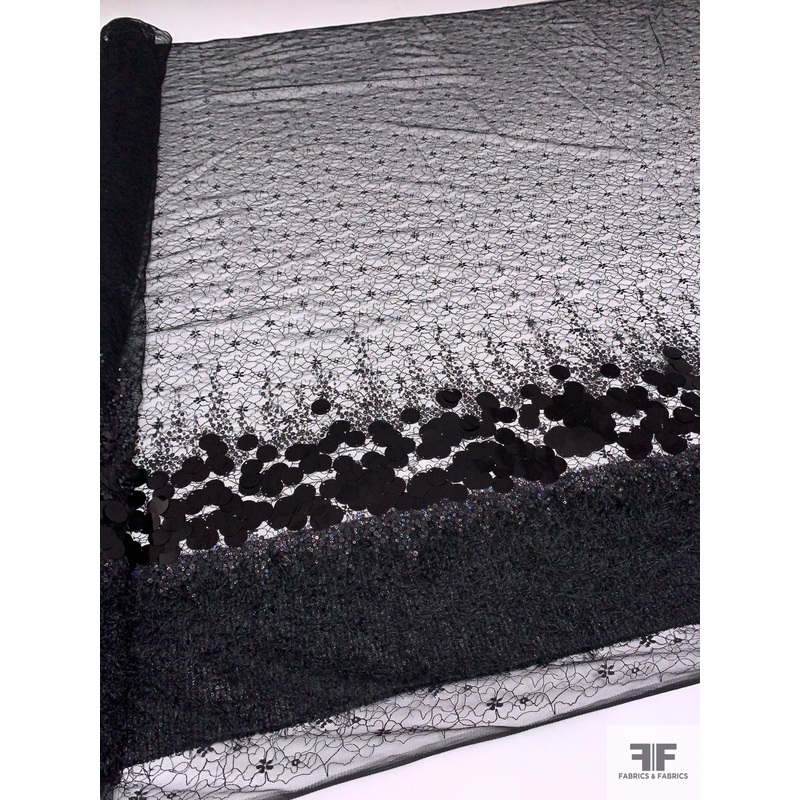 Floral Tulle with Border Pattern Sequins Paillettes and Fringe - Black