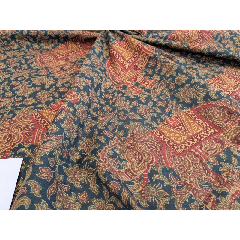 Scalamandre Grey Watkins Elephanta With Border Indian Midnight Green Brown Deep Blue Cotton Elephant Animals MSRP USD 276/y