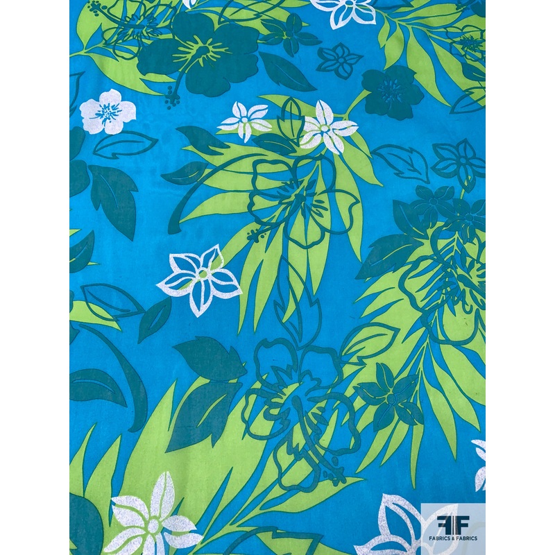 Tropical Leaf and Floral Printed Silk Chiffon - Turquoise / Lime Green / Teal / Off-White