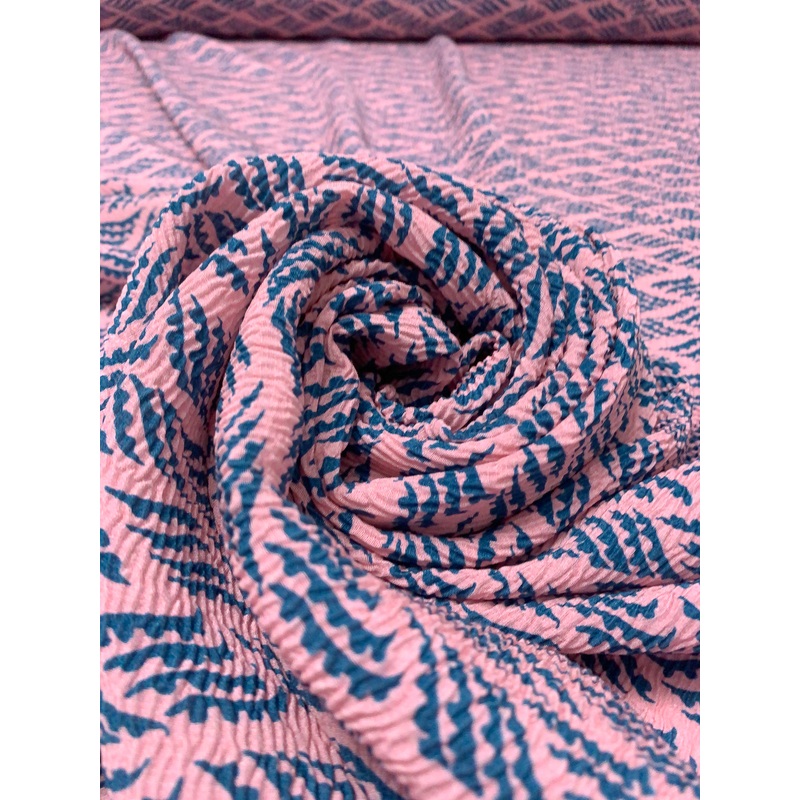 Wavy Graphic Printed Crinkled Silk-Rayon Challis - Teal / Light Pink
