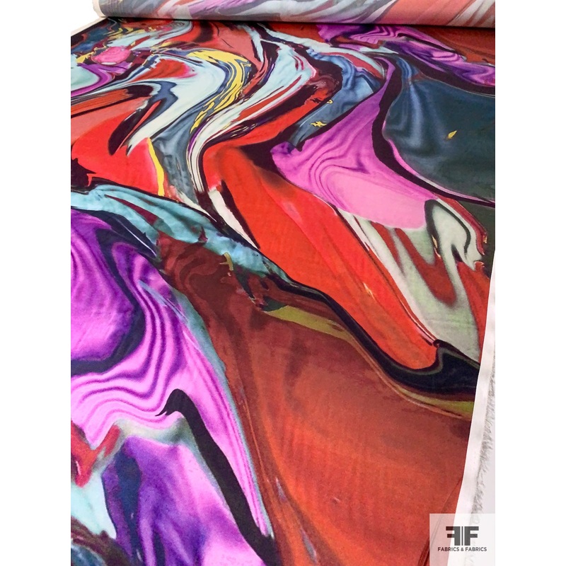 Abstract Painterly Marble Printed Stretch Silk Charmeuse - Multicolor