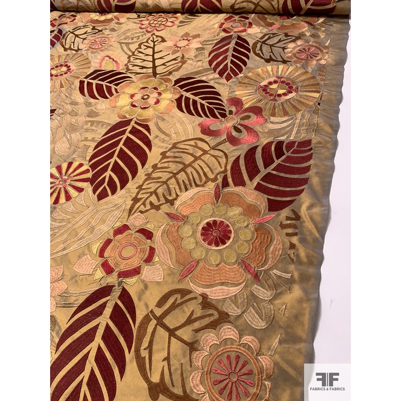 Bold Floral Leaf Embroidered Silk Shantung - Antique Gold / Maroon / Antique Tones