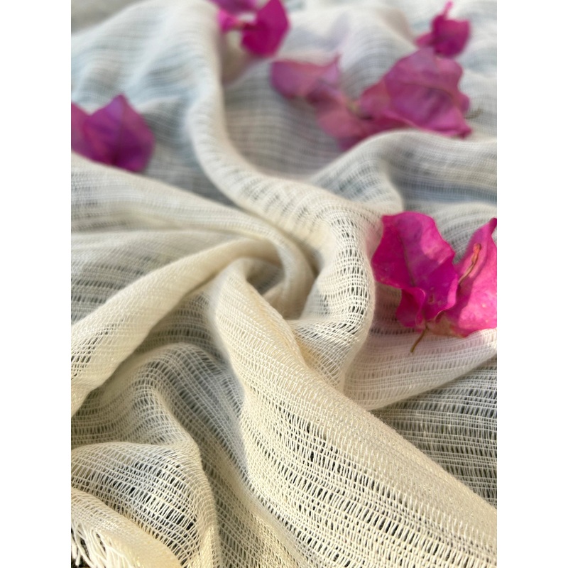 Hollow Gauze Organic Cotton Fabric,Beige White Herringbone Pattern Sheer
