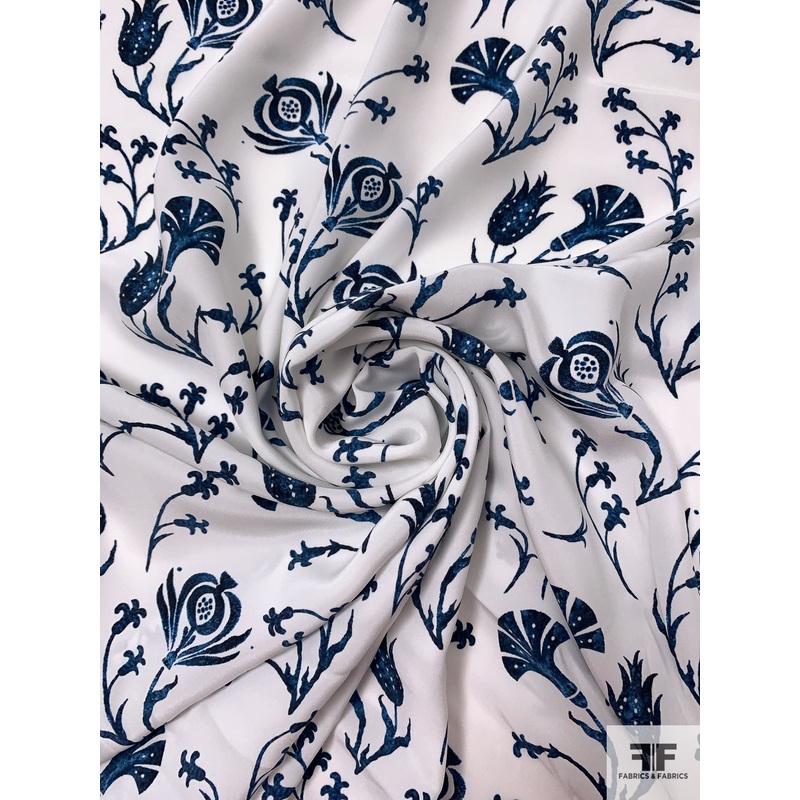 Tassled Floral Matte-Side Printed Silk Charmeuse - Navy Blue / Off-White