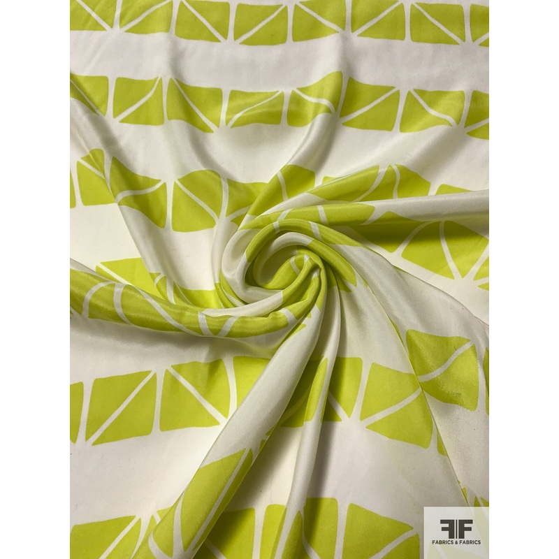 Triangular Squares Matte-Side Printed Silk Charmeuse - Lime / Off-White