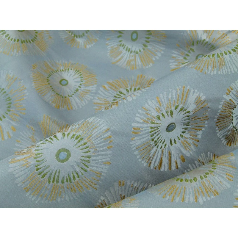 Zoom Lime Green Daisy Flower On Grey Pale Blue 100% Silk - By The Yard
