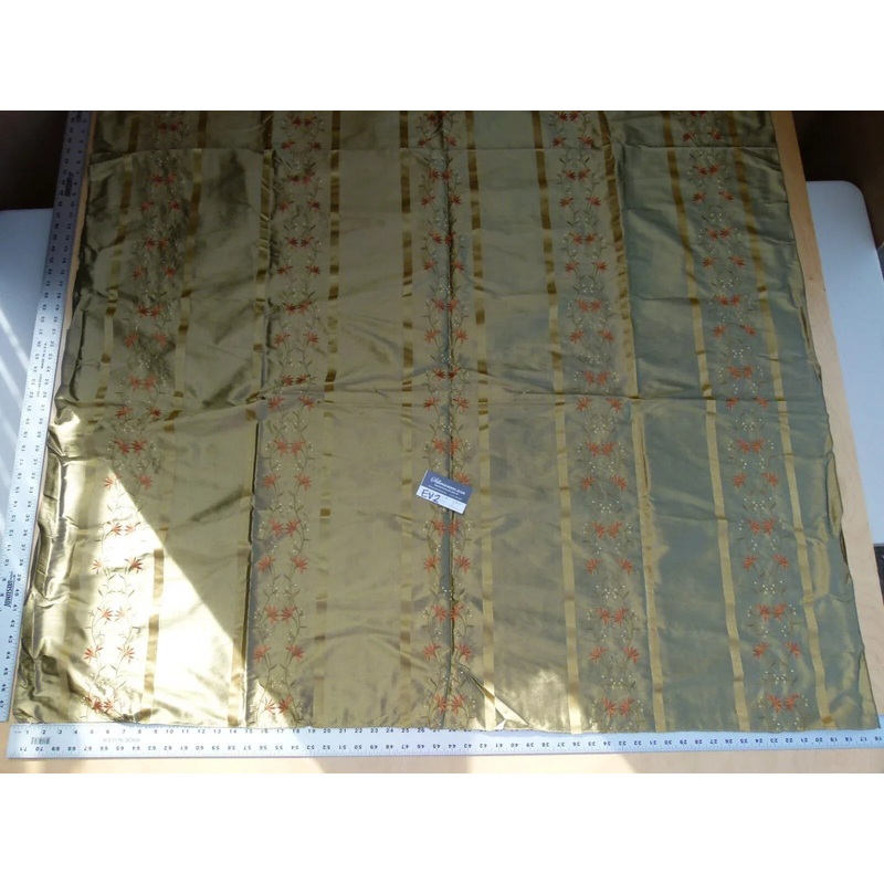 36 Ev2 1.2y Scalamandre Maya Embroidery Olive Green Silk Floral Stripe