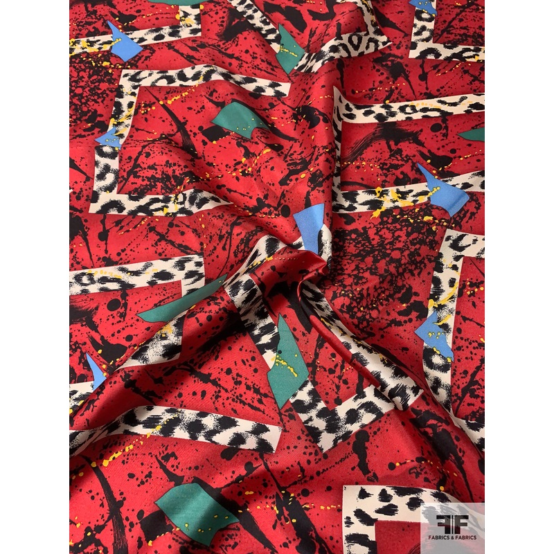 Box Shapes and Splatter Printed Vintage Silk Twill - Red / Black / Cream / Blue / Jade