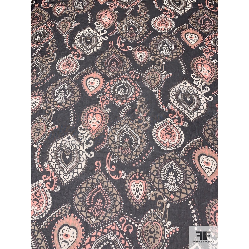 Ethnic Medallion Printed Slightly Crinkled Silk Chiffon - Black / Coral / Tan / Off-White
